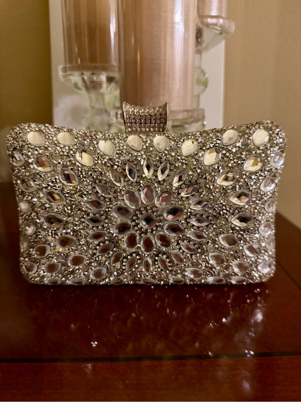 Silver Crystal Embellished Clutch Bag